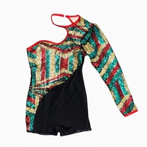 Curtain Call | Asymmetrical Black Biketard with Red Green Gold Sequin, CLA